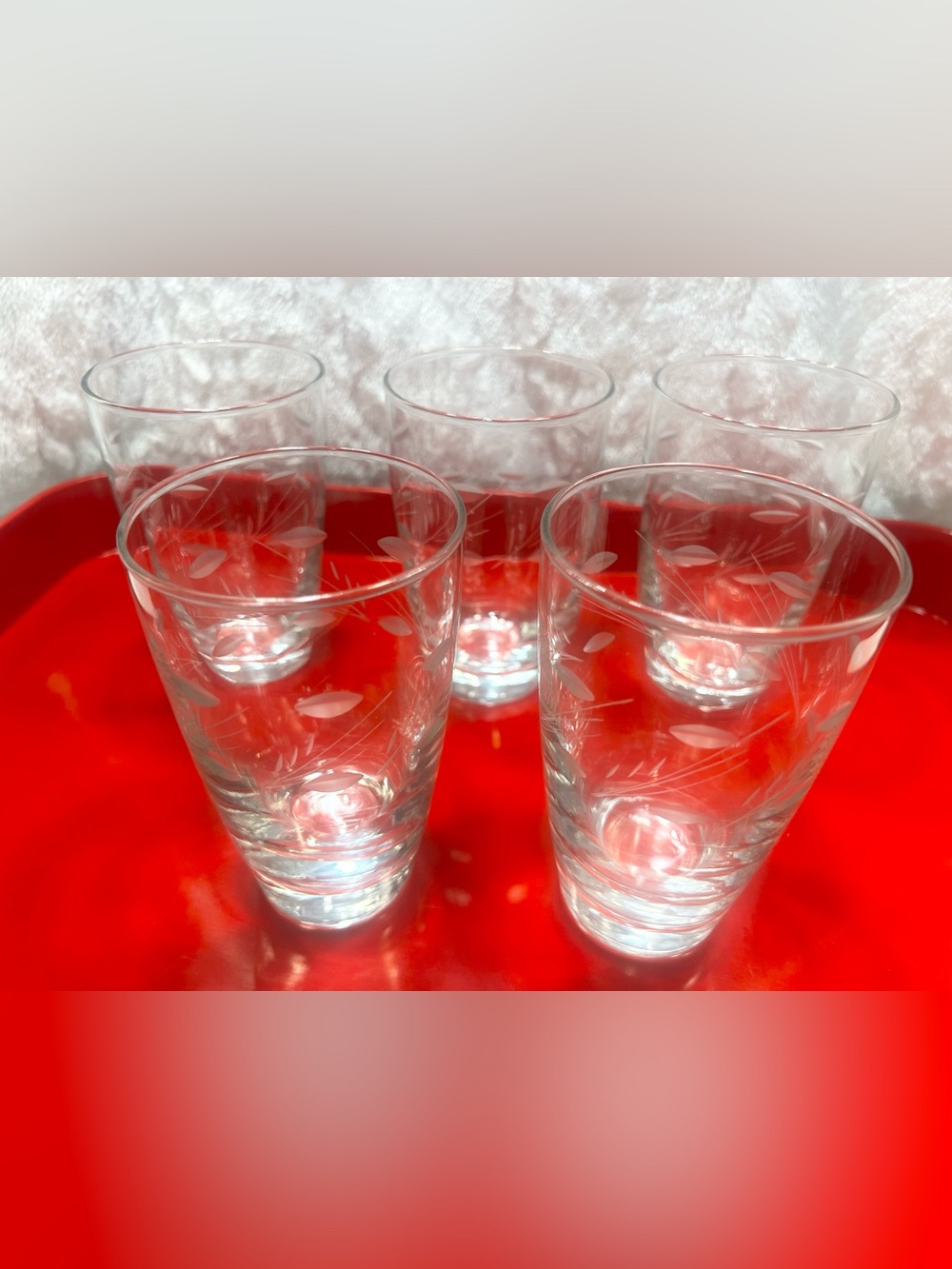 SET OF 5 LIBBEY ETCHED CLEAR GLASS VIENNA 14 OUNCE 5 1/2 " TALL WATER GLASSES
